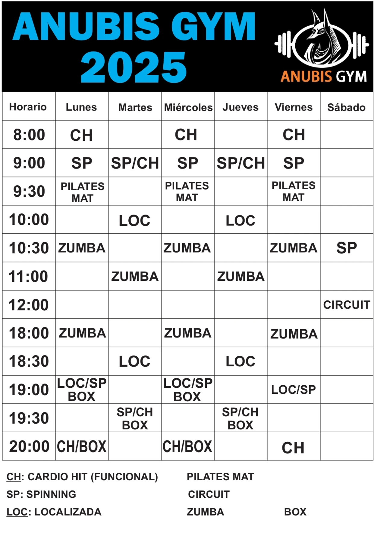 Grilla de horarios de clases del gimnasio 